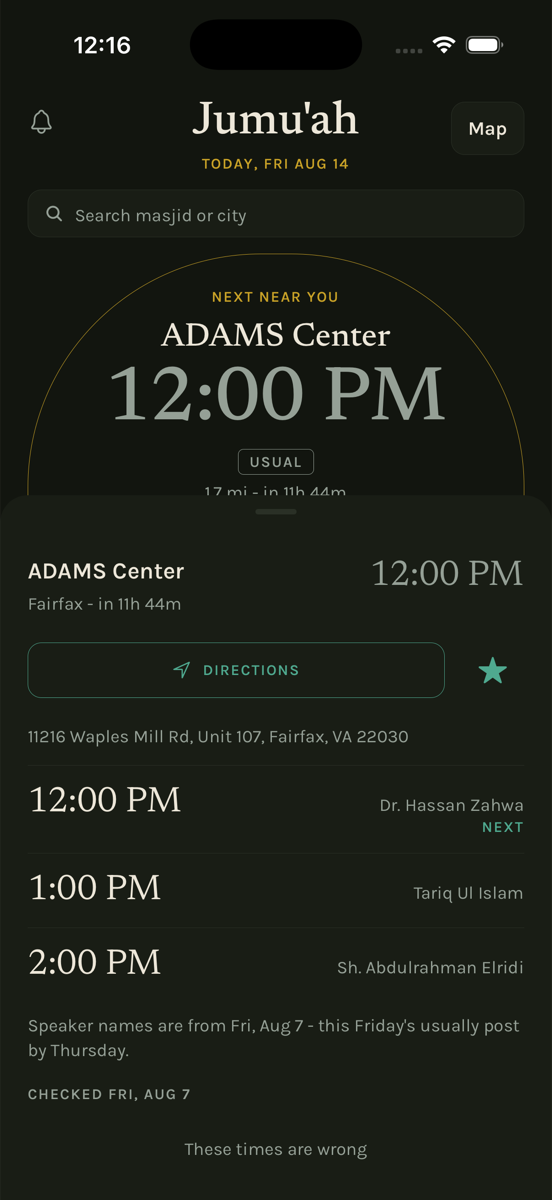 Masjid detail sheet with address, directions button and each khutbah time with its speaker