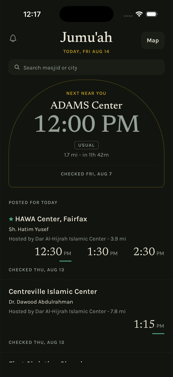 Juma app Friday list showing HAWA Center, Centreville Islamic Center, First Christian Church and Dar Al-Hijrah with their khutbah times