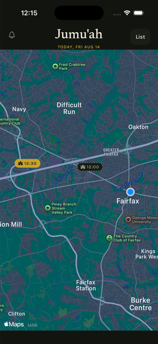 Map view of Northern Virginia with masjid pins labeled by khutbah time